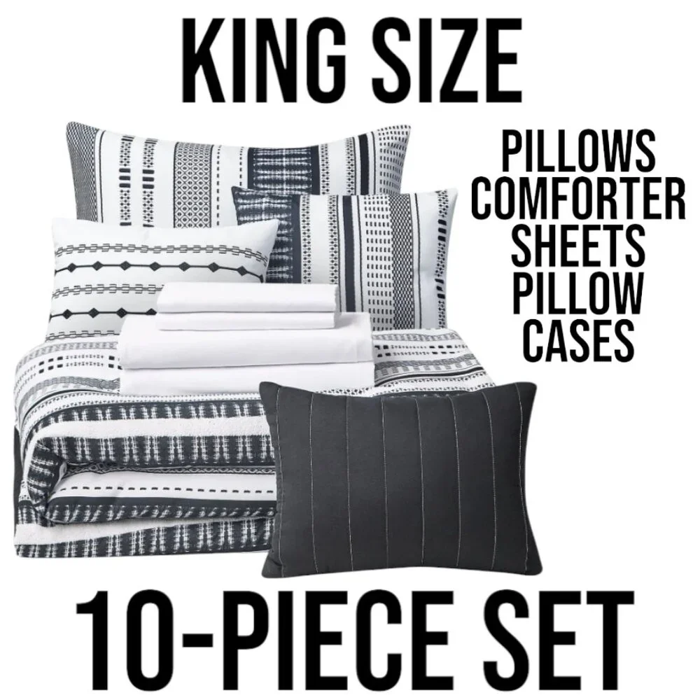 NEW KING SIZE 10 Piece Bed in a Bag Comforter Bedding Sheets 3 Decorative Pillow